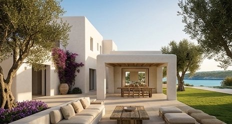 Whitewashed Balearic house framed by olive trees, with an outdoor lounge and dining pavilion