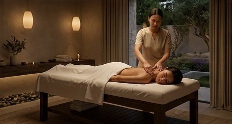 A therapist giving a massage in the villa's spa room, beside a garden view